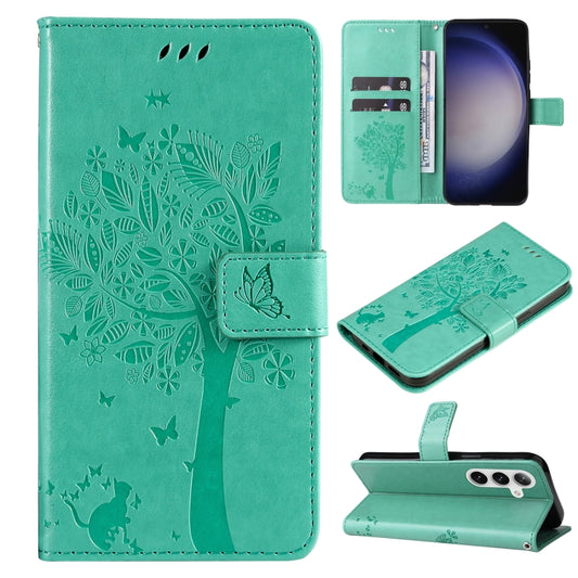 For Samsung Galaxy S25+ / S24+ 5G Tree & Cat Embossed Pattern Flip Leather Phone Case(Green) - Galaxy S25+ 5G Cases by PMC Jewellery | Online Shopping South Africa | PMC Jewellery | Buy Now Pay Later Mobicred