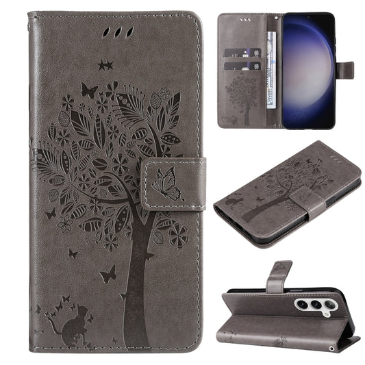 For Samsung Galaxy S25+ / S24+ 5G Tree & Cat Embossed Pattern Flip Leather Phone Case(Grey) - Galaxy S25+ 5G Cases by PMC Jewellery | Online Shopping South Africa | PMC Jewellery | Buy Now Pay Later Mobicred