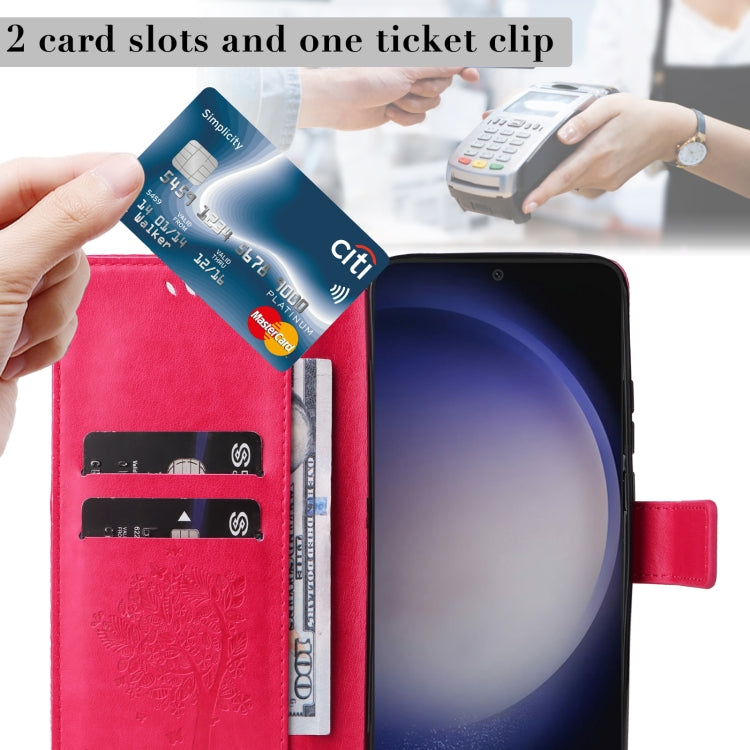 For Samsung Galaxy S25+ / S24+ 5G Tree & Cat Embossed Pattern Flip Leather Phone Case(Rose Red) - Galaxy S25+ 5G Cases by PMC TechLife | Online Shopping South Africa | PMC TechLife | Buy Now Pay Later Mobicred