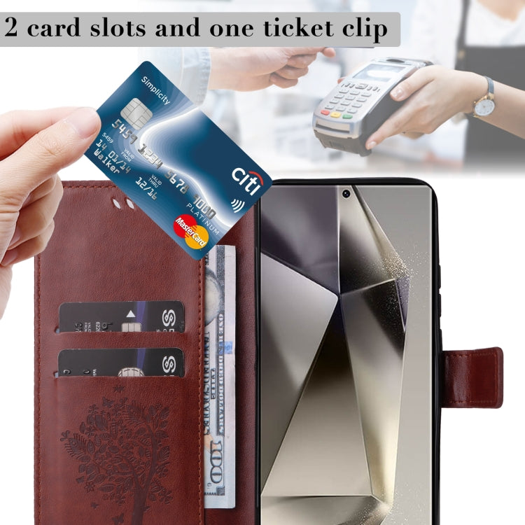 For Samsung Galaxy S25 Ultra 5G Tree & Cat Embossed Pattern Flip Leather Phone Case(Coffee) - Galaxy S25 Ultra 5G Cases by PMC Jewellery | Online Shopping South Africa | PMC Jewellery | Buy Now Pay Later Mobicred
