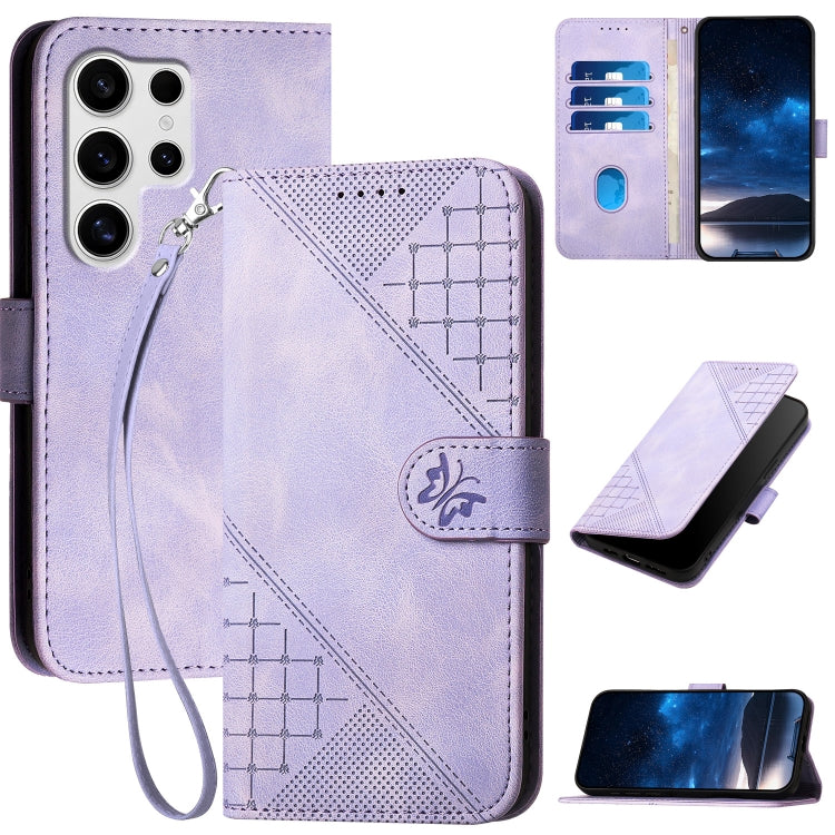 For Samsung Galaxy S25 Ultra 5G YX0080 Grid Butterfly Embossed Pattern Flip Leather Phone Case with Lanyard(Light Purple) - Galaxy S25 Ultra 5G Cases by PMC Jewellery | Online Shopping South Africa | PMC Jewellery | Buy Now Pay Later Mobicred