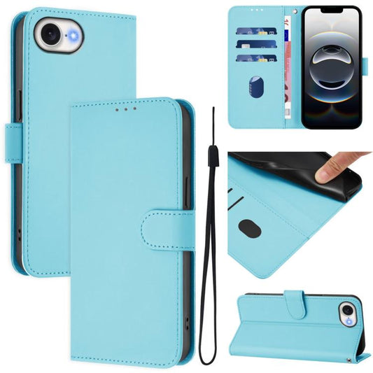 For iPhone 16e Skin Feel Solid Color Leather Phone Case with Lanyard(Sky Blue) - iPhone 16e Cases by PMC Jewellery | Online Shopping South Africa | PMC Jewellery | Buy Now Pay Later Mobicred