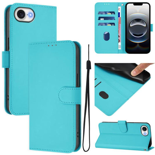 For iPhone 16e Skin Feel Solid Color Leather Phone Case with Lanyard(Lake Blue) - iPhone 16e Cases by PMC Jewellery | Online Shopping South Africa | PMC Jewellery | Buy Now Pay Later Mobicred