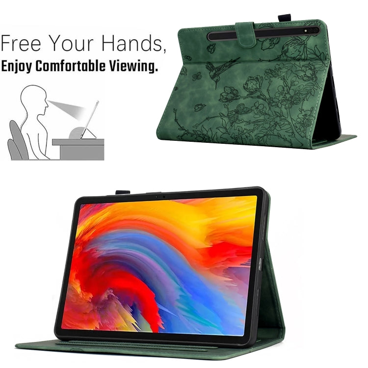 For Samsung Galaxy Tab S9 Flowers and Bird Embossed Smart Leather Tablet Case(Green) - Galaxy Tab S9 Cases by PMC Jewellery | Online Shopping South Africa | PMC Jewellery | Buy Now Pay Later Mobicred