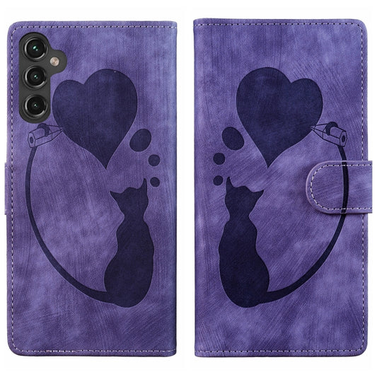 For Samsung Galaxy S25 5G Pen Heart Cat Embossed Leather Phone Case(Purple) - Galaxy S25 5G Cases by PMC Jewellery | Online Shopping South Africa | PMC Jewellery | Buy Now Pay Later Mobicred