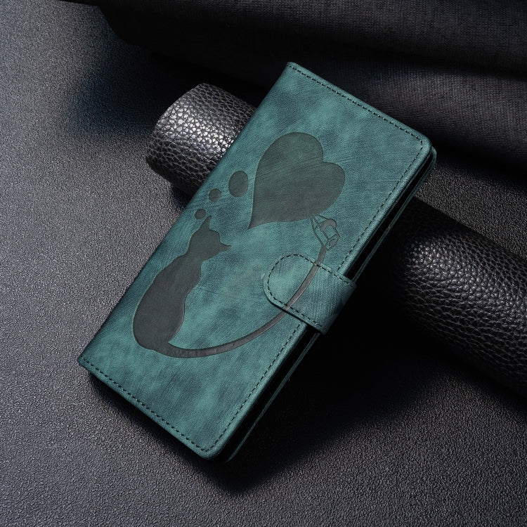 For Samsung Galaxy S25+ 5G Pen Heart Cat Embossed Leather Phone Case(Green) - Galaxy S25+ 5G Cases by PMC TechLife | Online Shopping South Africa | PMC TechLife | Buy Now Pay Later Mobicred
