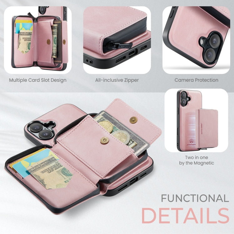 For iPhone 16 JEEHOOD J02 Magnetic Zipper Horizontal Flip Leather Phone Case(Pink) - iPhone 16 Cases by JEEHOOD | Online Shopping South Africa | PMC Jewellery | Buy Now Pay Later Mobicred