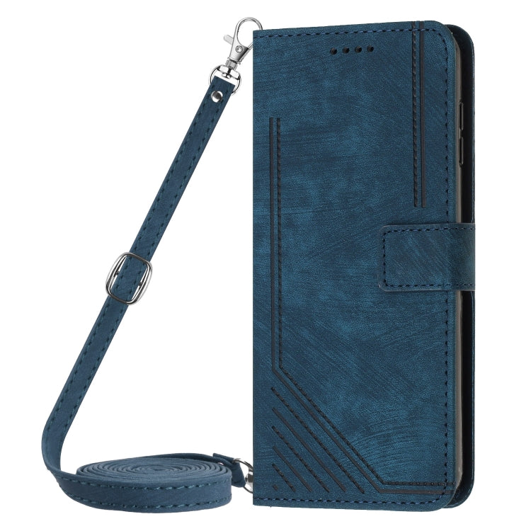 For Samsung Galaxy S25 Ultra 5G Skin Feel Stripe Pattern Leather Phone Case with Long Lanyard(Blue) - Galaxy S25 Ultra 5G Cases by PMC Jewellery | Online Shopping South Africa | PMC Jewellery | Buy Now Pay Later Mobicred