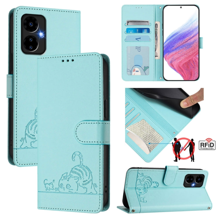 For Boost Mobile Celero 5G 2024 Cat Rat Embossed RFID Leather Phone Case with Lanyard(Mint Green) - More Brand by PMC Jewellery | Online Shopping South Africa | PMC Jewellery | Buy Now Pay Later Mobicred