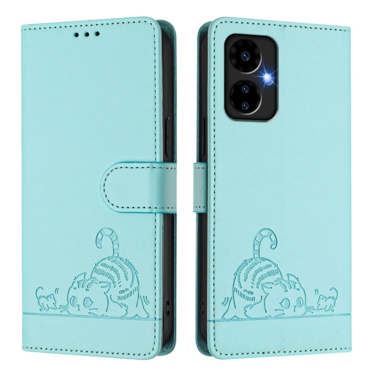 For Boost Mobile Celero 5G 2024 Cat Rat Embossed RFID Leather Phone Case with Lanyard(Mint Green) - More Brand by PMC Jewellery | Online Shopping South Africa | PMC Jewellery | Buy Now Pay Later Mobicred