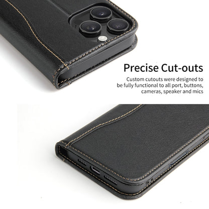 For iPhone 16 Pro Fierre Shann Cowhide Leather Flip Leather Phone Case(Black) - iPhone 16 Pro Cases by FIERRE SHANN | Online Shopping South Africa | PMC Jewellery | Buy Now Pay Later Mobicred