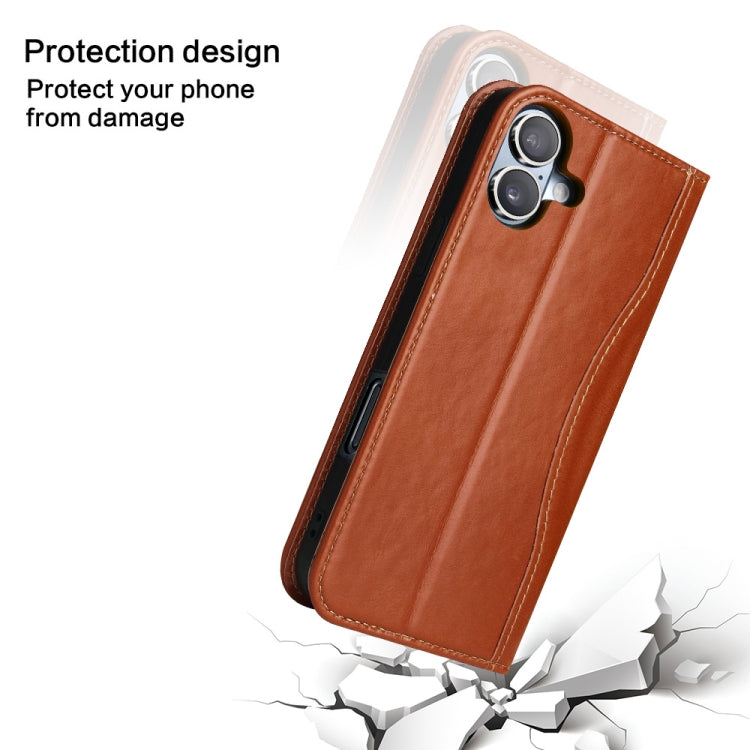 For iPhone 16 Plus Fierre Shann Cowhide Leather Flip Leather Phone Case(Brown) - iPhone 16 Plus Cases by FIERRE SHANN | Online Shopping South Africa | PMC Jewellery | Buy Now Pay Later Mobicred