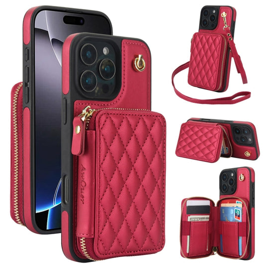 For iPhone 16 Pro Max AwQuer Crossbody Zipper Wallet Rhombic Leather Back Phone Case(Red) - iPhone 16 Pro Max Cases by Awquer | Online Shopping South Africa | PMC Jewellery | Buy Now Pay Later Mobicred