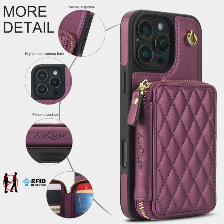 For iPhone 16 Pro Max AwQuer Crossbody Zipper Wallet Rhombic Leather Back Phone Case(Dark Purple) - iPhone 16 Pro Max Cases by Awquer | Online Shopping South Africa | PMC Jewellery | Buy Now Pay Later Mobicred