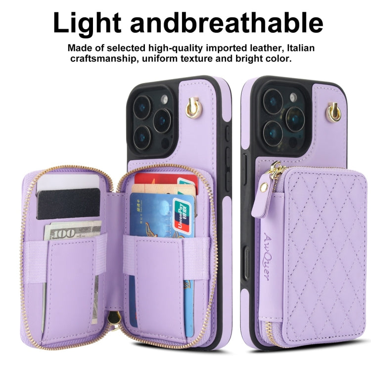 For iPhone 16 Pro AwQuer Crossbody Zipper Wallet Rhombic Leather Back Phone Case(Purple) - iPhone 16 Pro Cases by Awquer | Online Shopping South Africa | PMC Jewellery | Buy Now Pay Later Mobicred