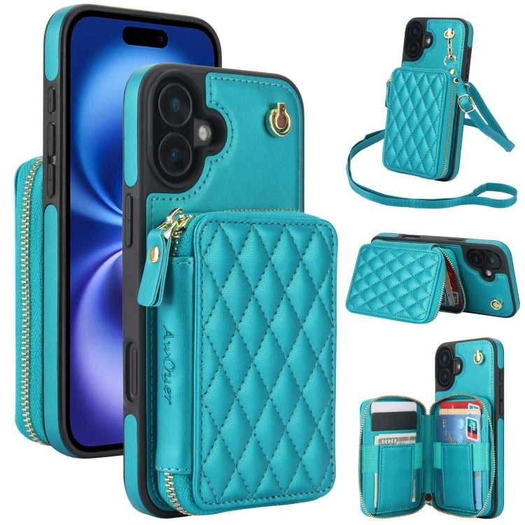 For iPhone 16 Plus AwQuer Crossbody Zipper Wallet Rhombic Leather Back Phone Case(Green) - iPhone 16 Plus Cases by Awquer | Online Shopping South Africa | PMC Jewellery | Buy Now Pay Later Mobicred