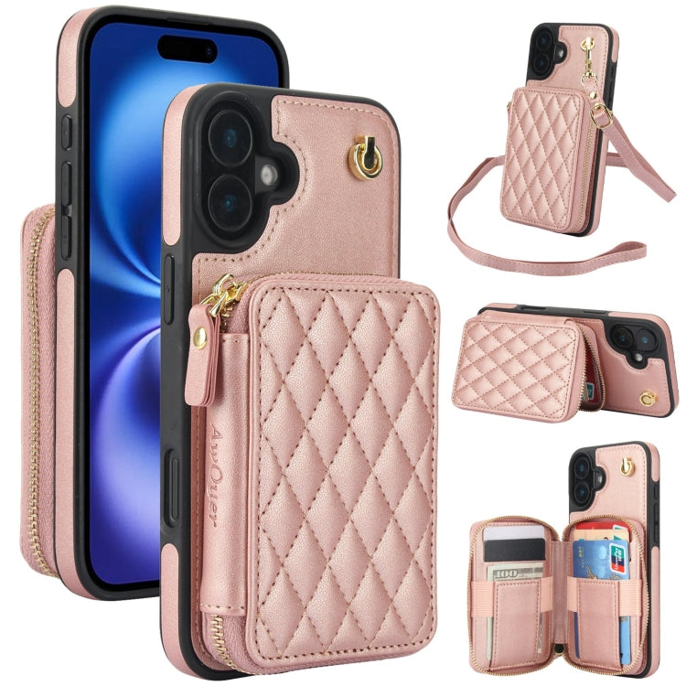 For iPhone 16 Plus AwQuer Crossbody Zipper Wallet Rhombic Leather Back Phone Case(Rose Gold) - iPhone 16 Plus Cases by Awquer | Online Shopping South Africa | PMC Jewellery | Buy Now Pay Later Mobicred