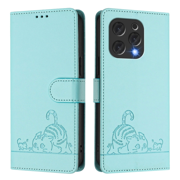 For Doogee N55 Plus Cat Rat Embossed Pattern RFID Leather Phone Case with Lanyard(Mint Green) - Doogee Cases by PMC TechLife | Online Shopping South Africa | PMC TechLife | Buy Now Pay Later Mobicred