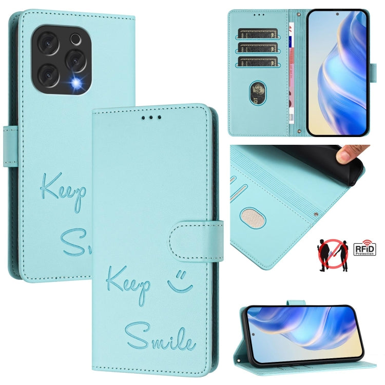 For Doogee N55 Plus Smile Embossing RFID Leather Phone Case(Mint Green) - Doogee Cases by PMC TechLife | Online Shopping South Africa | PMC TechLife | Buy Now Pay Later Mobicred