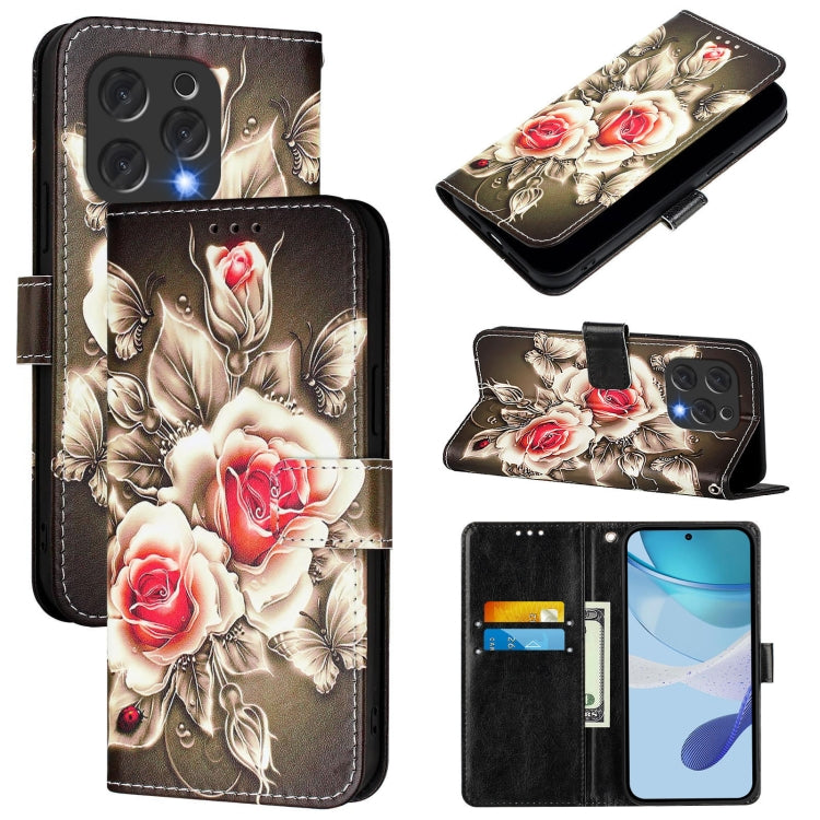 For Doogee N55 Plus Colored Drawing Pattern Plain Weave Leather Phone Case(Roses On Black) - More Brand by PMC TechLife | Online Shopping South Africa | PMC TechLife | Buy Now Pay Later Mobicred