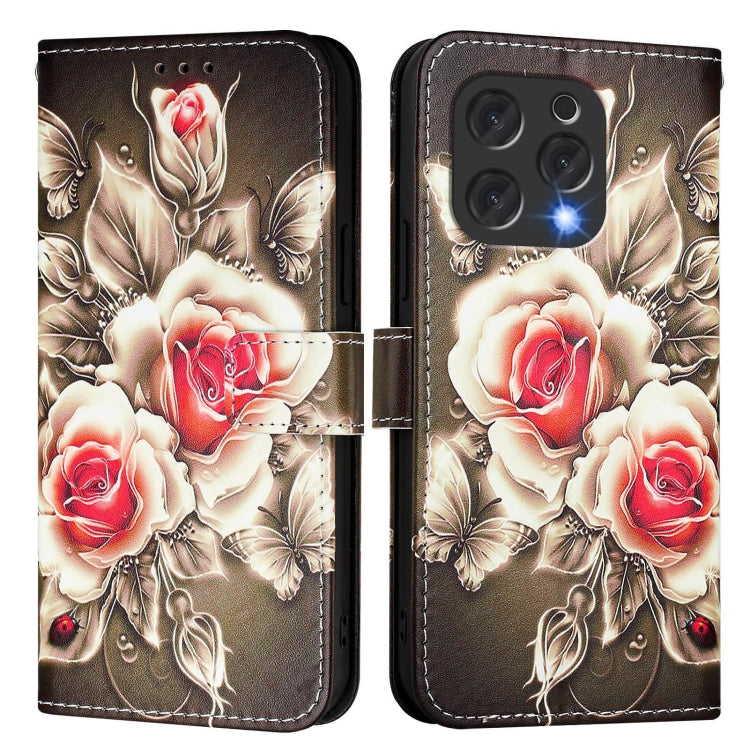 For Doogee N55 Plus Colored Drawing Pattern Plain Weave Leather Phone Case(Roses On Black) - More Brand by PMC TechLife | Online Shopping South Africa | PMC TechLife | Buy Now Pay Later Mobicred
