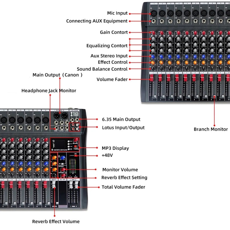 XTUGA CT160X 16-Channels Audio Mixer DJ Mixing Console with 48V Power Supply(EU Plug) - Live Sound Effects Processors by XTUGA | Online Shopping South Africa | PMC TechLife | Buy Now Pay Later Mobicred