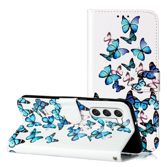 For Samsung Galaxy S25 5G Colored Drawing Marble Pattern Leather Phone Case(Little Blue Butterflies) - Galaxy S25 5G Cases by PMC Jewellery | Online Shopping South Africa | PMC Jewellery | Buy Now Pay Later Mobicred