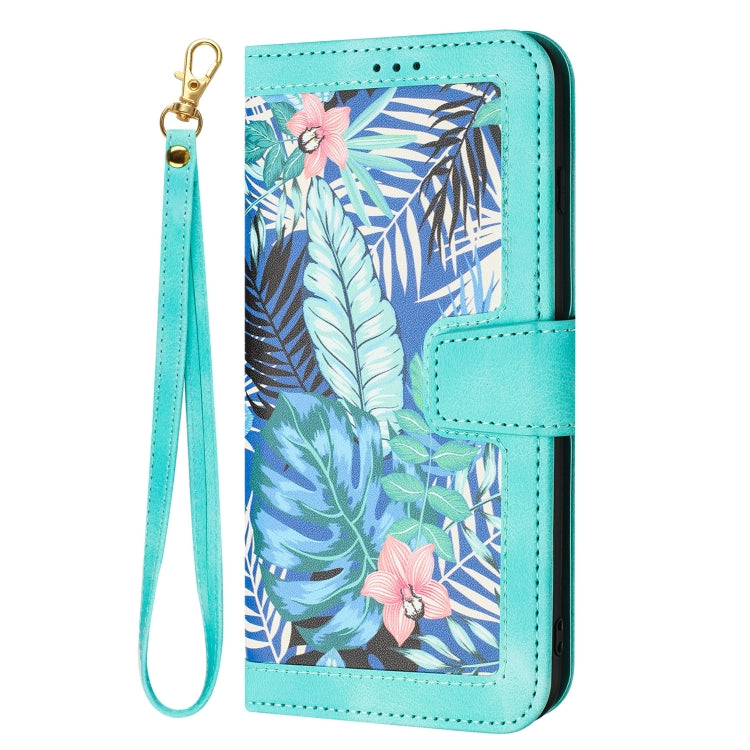 For iPhone 16e Floral Pattern Leather Phone Case with Lanyard(Green) - iPhone 16e Cases by PMC TechLife | Online Shopping South Africa | PMC TechLife | Buy Now Pay Later Mobicred
