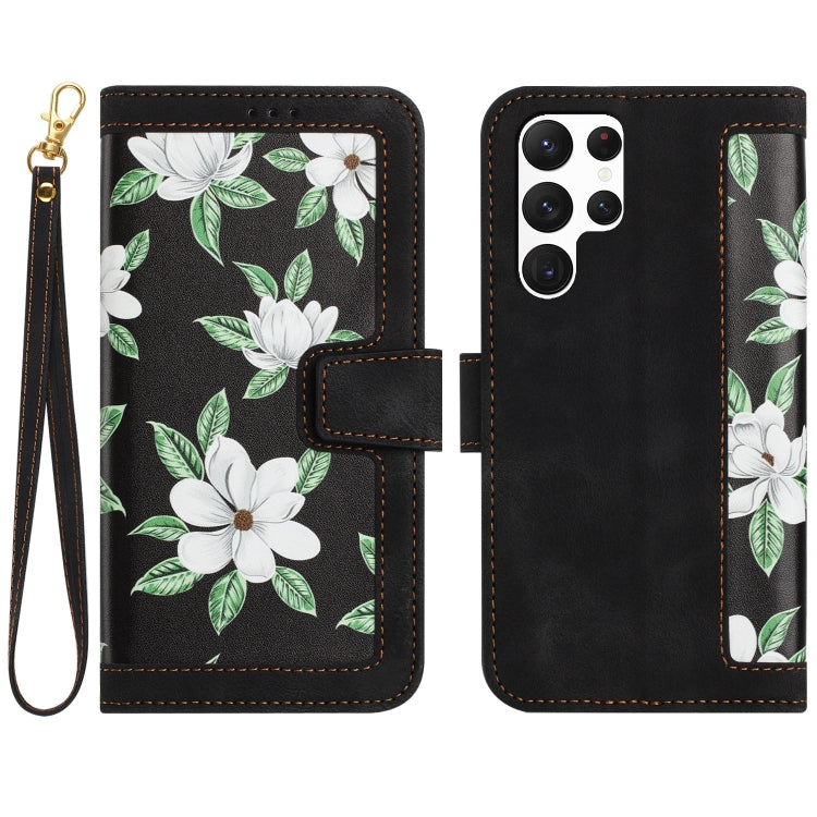 For Samsung Galaxy S25 Ultra 5G Floral Pattern Leather Phone Case with Lanyard(Black) - free shipping - PMC Jewellery - Order now!