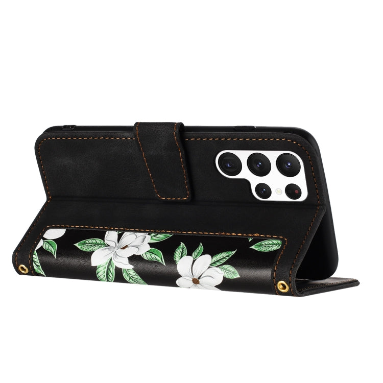 For Samsung Galaxy S25 Ultra 5G Floral Pattern Leather Phone Case with Lanyard(Black) - free shipping - PMC Jewellery - Order now!