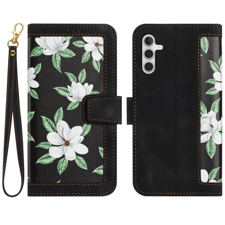 For Samsung Galaxy S25 5G Floral Pattern Leather Phone Case with Lanyard(Black) - Galaxy S25 5G Cases by PMC Jewellery | Online Shopping South Africa | PMC Jewellery | Buy Now Pay Later Mobicred