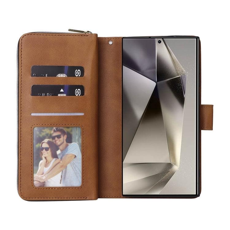 For Samsung Galaxy S25 Ultra 5G 9-Card Slots Zipper Wallet Bag Leather Phone Case(Brown) - Galaxy S25 Ultra 5G Cases by PMC Jewellery | Online Shopping South Africa | PMC Jewellery | Buy Now Pay Later Mobicred