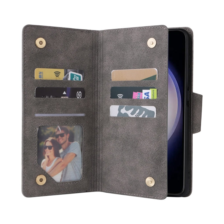 For Samsung Galaxy S25 5G Rivet Buckle 9 Cards Three Fold Leather Phone Case(Grey) - Galaxy S25 5G Cases by PMC Jewellery | Online Shopping South Africa | PMC Jewellery | Buy Now Pay Later Mobicred