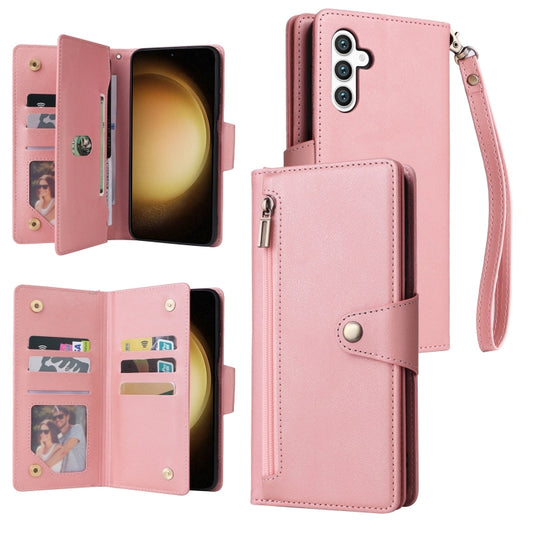 For Samsung Galaxy S25+ 5G Rivet Buckle 9 Cards Three Fold Leather Phone Case(Rose Gold) - Galaxy S25+ 5G Cases by PMC Jewellery | Online Shopping South Africa | PMC Jewellery | Buy Now Pay Later Mobicred