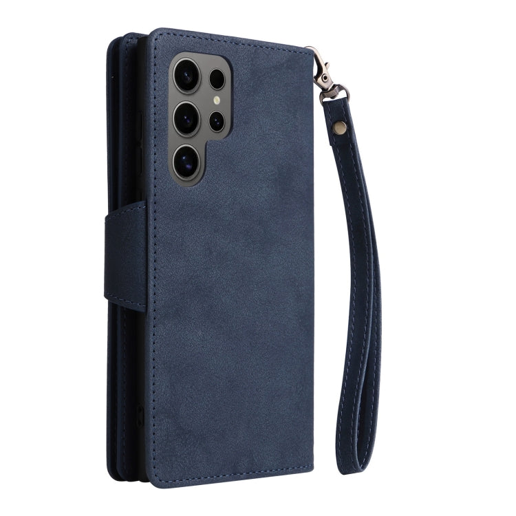 For Samsung Galaxy S25 Ultra 5G Rivet Buckle 9 Cards Three Fold Leather Phone Case(Blue) - Galaxy S25 Ultra 5G Cases by PMC Jewellery | Online Shopping South Africa | PMC Jewellery | Buy Now Pay Later Mobicred