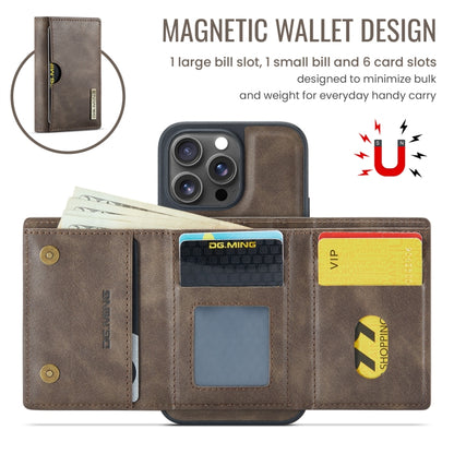 For iPhone 16 Pro Max DG.MING M6 Series RFID Tri-fold Card Bag Removable Leather Phone Case(Coffee) - iPhone 16 Pro Max Cases by DG.MING | Online Shopping South Africa | PMC Jewellery | Buy Now Pay Later Mobicred