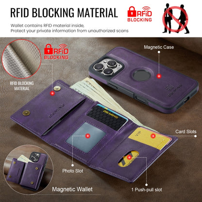 For iPhone 16 Pro Max DG.MING M6 Series RFID Tri-fold Card Bag Removable Leather Phone Case(Purple) - iPhone 16 Pro Max Cases by DG.MING | Online Shopping South Africa | PMC Jewellery | Buy Now Pay Later Mobicred