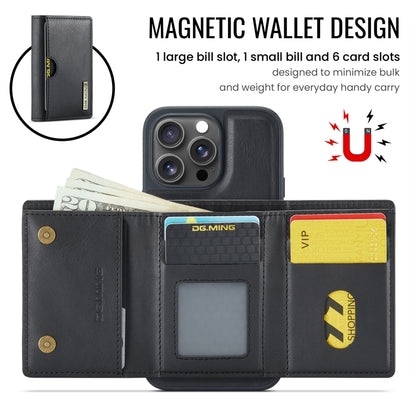 For iPhone 16 Pro DG.MING M6 Series RFID Tri-fold Card Bag Removable Leather Phone Case(Black) - iPhone 16 Pro Cases by DG.MING | Online Shopping South Africa | PMC Jewellery | Buy Now Pay Later Mobicred