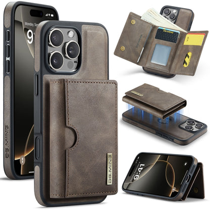 For iPhone 16 Pro DG.MING M6 Series RFID Tri-fold Card Bag Removable Leather Phone Case(Coffee) - iPhone 16 Pro Cases by DG.MING | Online Shopping South Africa | PMC Jewellery | Buy Now Pay Later Mobicred