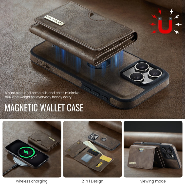 For iPhone 16 Pro DG.MING M6 Series RFID Tri-fold Card Bag Removable Leather Phone Case(Coffee) - iPhone 16 Pro Cases by DG.MING | Online Shopping South Africa | PMC Jewellery | Buy Now Pay Later Mobicred