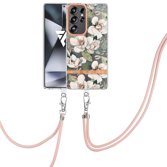 For Samsung Galaxy S25 Ultra 5G Flowers and Plants Series IMD TPU Phone Case with Lanyard(Green Gardenia) - Galaxy S25 Ultra 5G Cases by PMC Jewellery | Online Shopping South Africa | PMC Jewellery | Buy Now Pay Later Mobicred