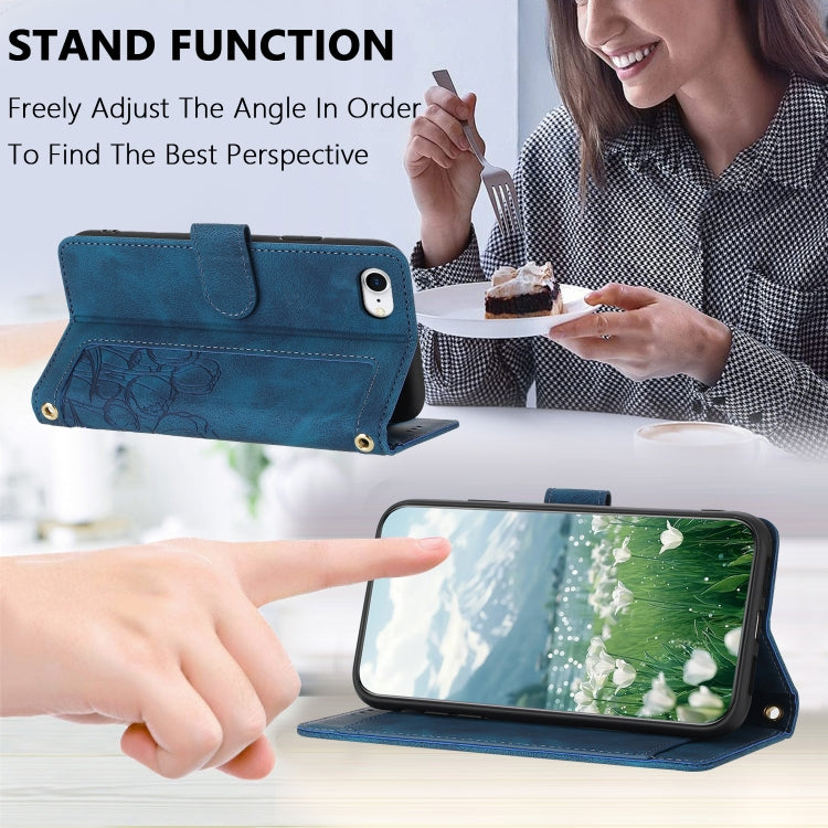 For iPhone 16e Tulips Embossed Leather Phone Case with Lanyard(Blue) - iPhone 16e Cases by PMC TechLife | Online Shopping South Africa | PMC TechLife | Buy Now Pay Later Mobicred
