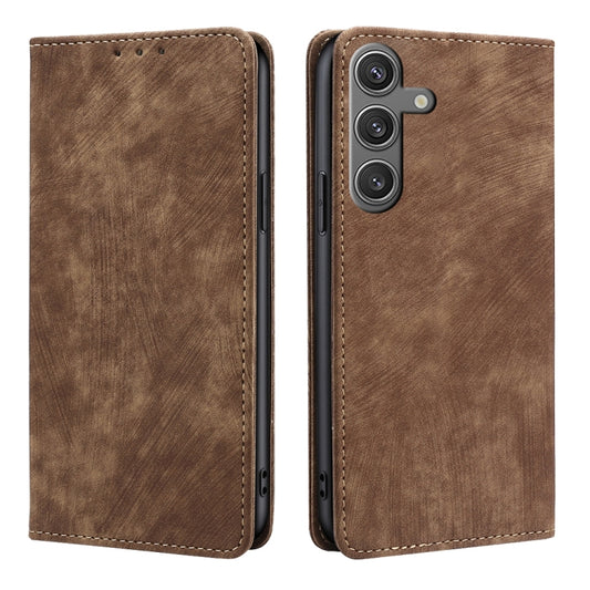 For Samsung Galaxy S25 5G RFID Anti-theft Brush Magnetic Leather Phone Case(Brown) - Galaxy S25 5G Cases by PMC Jewellery | Online Shopping South Africa | PMC Jewellery | Buy Now Pay Later Mobicred