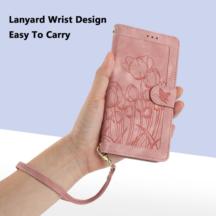 For Samsung Galaxy S25+ 5G Tulips Embossed Leather Phone Case with Lanyard(Pink) - Galaxy S25+ 5G Cases by PMC Jewellery | Online Shopping South Africa | PMC Jewellery | Buy Now Pay Later Mobicred