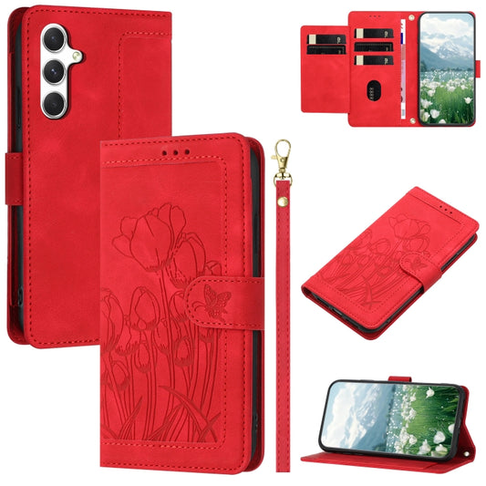 For Samsung Galaxy S25+ 5G Tulips Embossed Leather Phone Case with Lanyard(Red) - Galaxy S25+ 5G Cases by PMC Jewellery | Online Shopping South Africa | PMC Jewellery | Buy Now Pay Later Mobicred