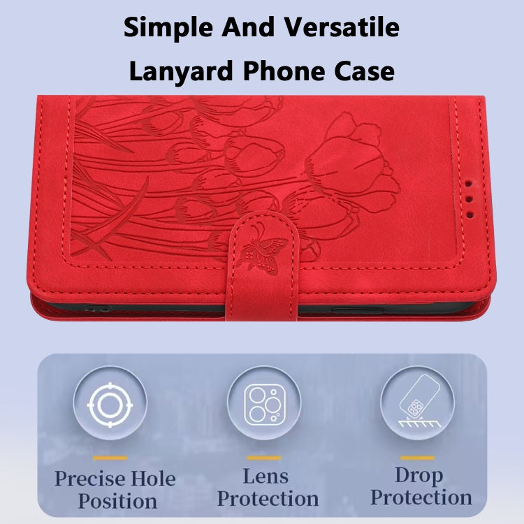 For Samsung Galaxy S25 5G Tulips Embossed Leather Phone Case with Lanyard(Red) - Galaxy S25 5G Cases by PMC Jewellery | Online Shopping South Africa | PMC Jewellery | Buy Now Pay Later Mobicred