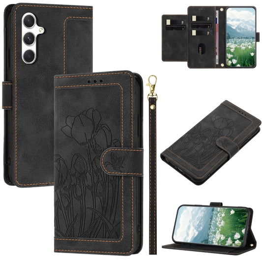 For Samsung Galaxy S25 5G Tulips Embossed Leather Phone Case with Lanyard(Black) - Galaxy S25 5G Cases by PMC Jewellery | Online Shopping South Africa | PMC Jewellery | Buy Now Pay Later Mobicred