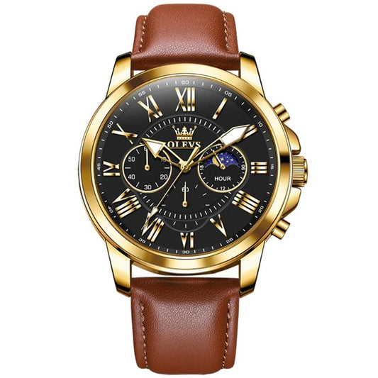 OLEVS 3632 Men Multifunctional Large Dial Luminous Waterproof Quartz Watch(Brown + Black Gold) - Leather Strap Watches by OLEVS | Online Shopping South Africa | PMC Jewellery | Buy Now Pay Later Mobicred