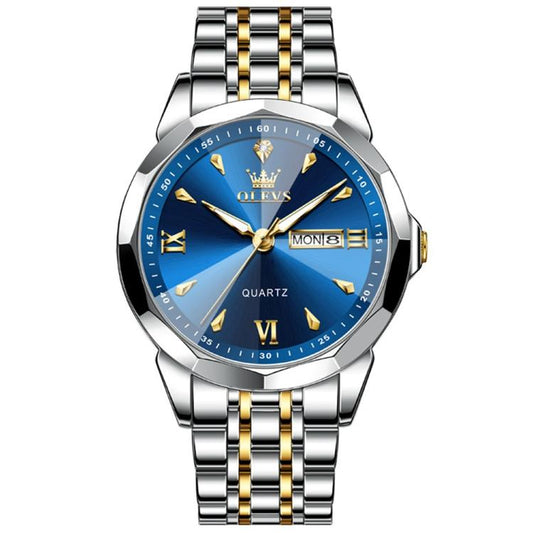 OLEVS 9998 Men Diamond Face Dual Calendar Waterproof Quartz Watch(Blue + Gold) - Metal Strap Watches by OLEVS | Online Shopping South Africa | PMC Jewellery | Buy Now Pay Later Mobicred