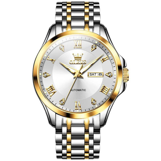 OLEVS 6702 Men Waterproof Luminous Dual Calendar Mechanical Watch(White Gold) - Metal Strap Watches by OLEVS | Online Shopping South Africa | PMC Jewellery | Buy Now Pay Later Mobicred